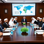 **

"A diverse group of business professionals, some in traditional Arabic attire and others in Western business suits, seated around a large conference table. They are engaged in a lively discussion, reviewing data presented on a holographic display showing charts of international trade routes. The atmosphere is collaborative and respectful, with smiles and nods exchanged. The background includes a modern office with Arabic calligraphy art on the walls and a view of a bustling Middle Eastern city."

**
