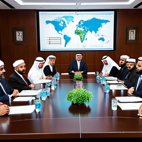 **

"A diverse group of business professionals, some in traditional Arabic attire and others in Western business suits, seated around a large conference table. They are engaged in a lively discussion, reviewing data presented on a holographic display showing charts of international trade routes. The atmosphere is collaborative and respectful, with smiles and nods exchanged. The background includes a modern office with Arabic calligraphy art on the walls and a view of a bustling Middle Eastern city."

**