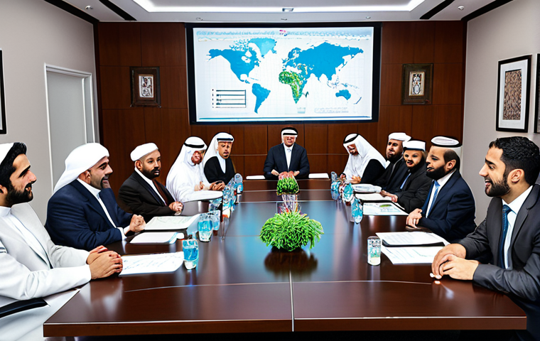 **

"A diverse group of business professionals, some in traditional Arabic attire and others in Western business suits, seated around a large conference table. They are engaged in a lively discussion, reviewing data presented on a holographic display showing charts of international trade routes. The atmosphere is collaborative and respectful, with smiles and nods exchanged. The background includes a modern office with Arabic calligraphy art on the walls and a view of a bustling Middle Eastern city."

**