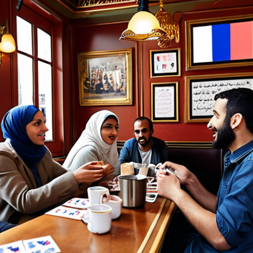 **

A diverse group of people gathered in a bustling Parisian café, engrossed in animated conversation. French flags and Arabic calligraphy subtly decorate the background. One person is using flashcards with French words and Arabic translations. The atmosphere is friendly and encouraging.

**
