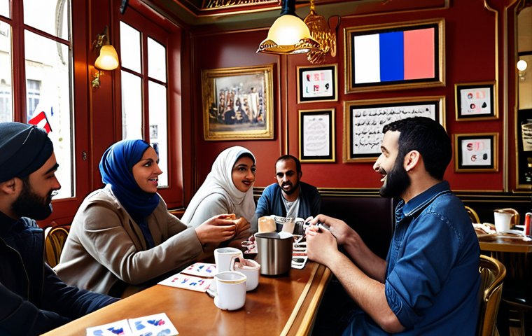 **

A diverse group of people gathered in a bustling Parisian café, engrossed in animated conversation. French flags and Arabic calligraphy subtly decorate the background. One person is using flashcards with French words and Arabic translations. The atmosphere is friendly and encouraging.

**