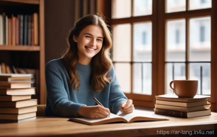 독일어 실무에 필요한 중점 과목 - **Prompt:** A young woman with a warm, inviting smile, dressed in smart casual attire, sits comforta...