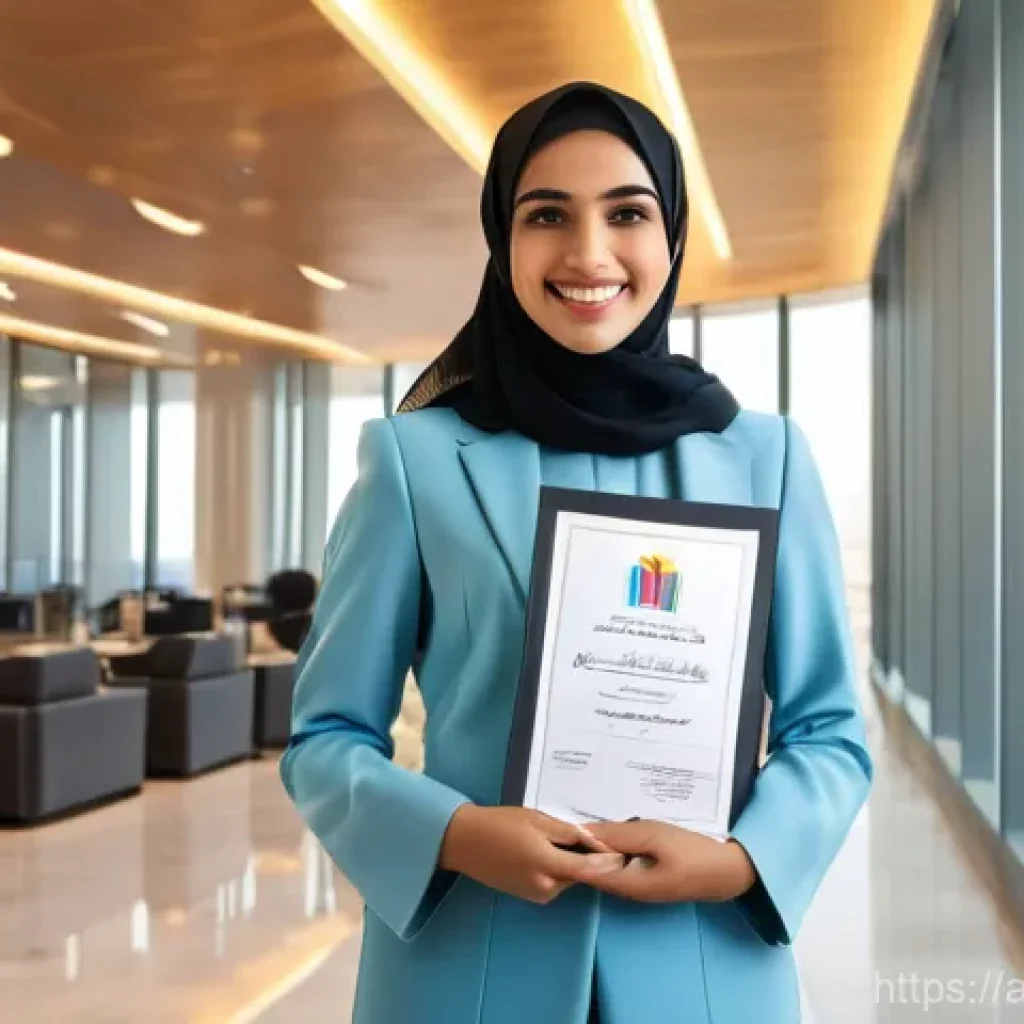 DELF 취득 후 연봉협상 전략 - **Prompt:** A confident young Arab woman, dressed in a modest yet stylish business suit with a heads...