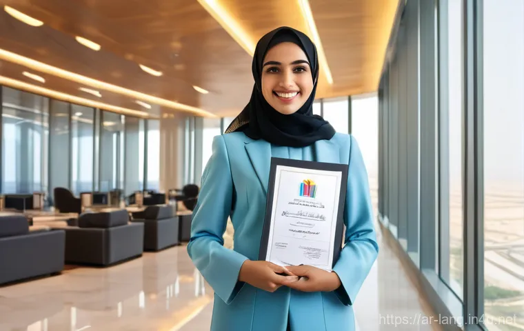 DELF 취득 후 연봉협상 전략 - **Prompt:** A confident young Arab woman, dressed in a modest yet stylish business suit with a heads...