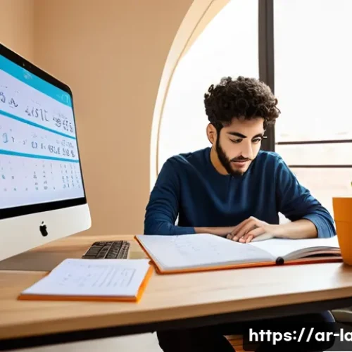 Home 33 Goethe Zertifikat 준비 공부법 - A focused Arab young adult student sitting at a modern study desk in a cozy room decorated with Arab...