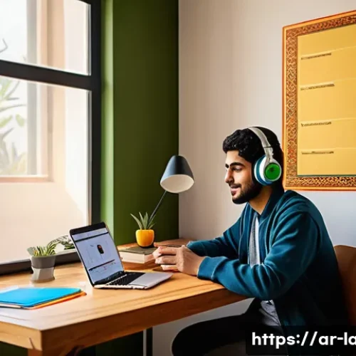 Home 32 외국어 시험 공부 계획 작성법 - A cozy and modern study room with an Arabic young adult student sitting at a desk, surrounded by div...