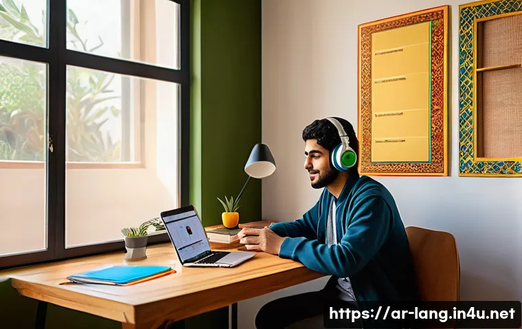 외국어 시험 공부 계획 작성법 - A cozy and modern study room with an Arabic young adult student sitting at a desk, surrounded by div...