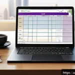 Home 19 독일어 업무 일기 작성법 - A professional Arab office workspace with a modern desk featuring an open digital notebook app like ...