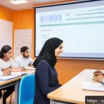 Home 23 프랑스어 자격증으로 교사 되기 - A modern classroom scene in a Middle Eastern cultural setting, featuring a professional female Frenc...