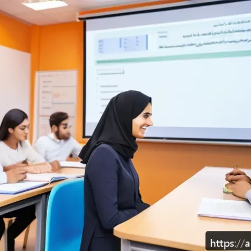Home 17 프랑스어 자격증으로 교사 되기 - A modern classroom scene in a Middle Eastern cultural setting, featuring a professional female Frenc...