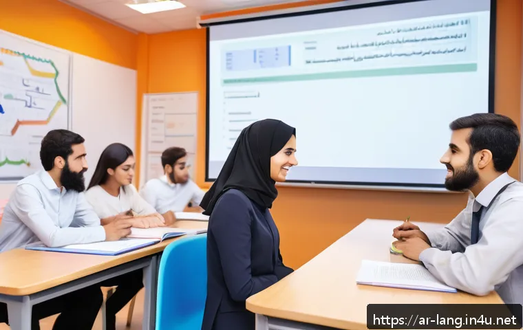 프랑스어 자격증으로 교사 되기 - A modern classroom scene in a Middle Eastern cultural setting, featuring a professional female Frenc...