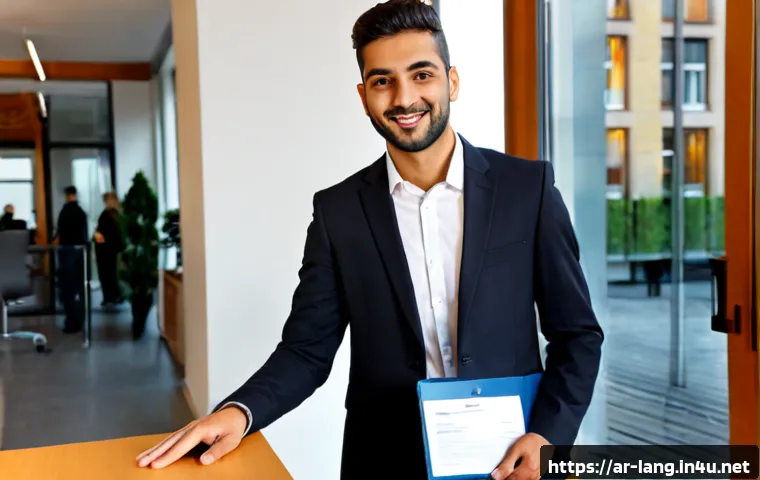 독일어 자격증으로 독일 취업 성공 사례 - Photorealistic success-story scene of a confident Arab young professional in modest business attire ...